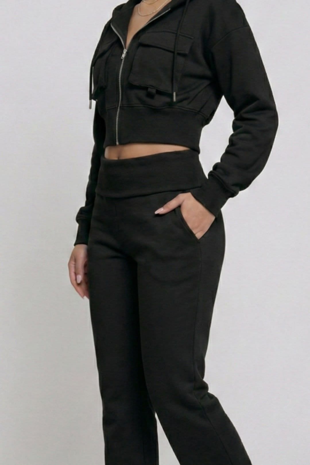 STYLEWISE STYLEWISE Women's Hooded Top & Fold Over Waist Trouser Fleece Co-ord Set in Black - 4