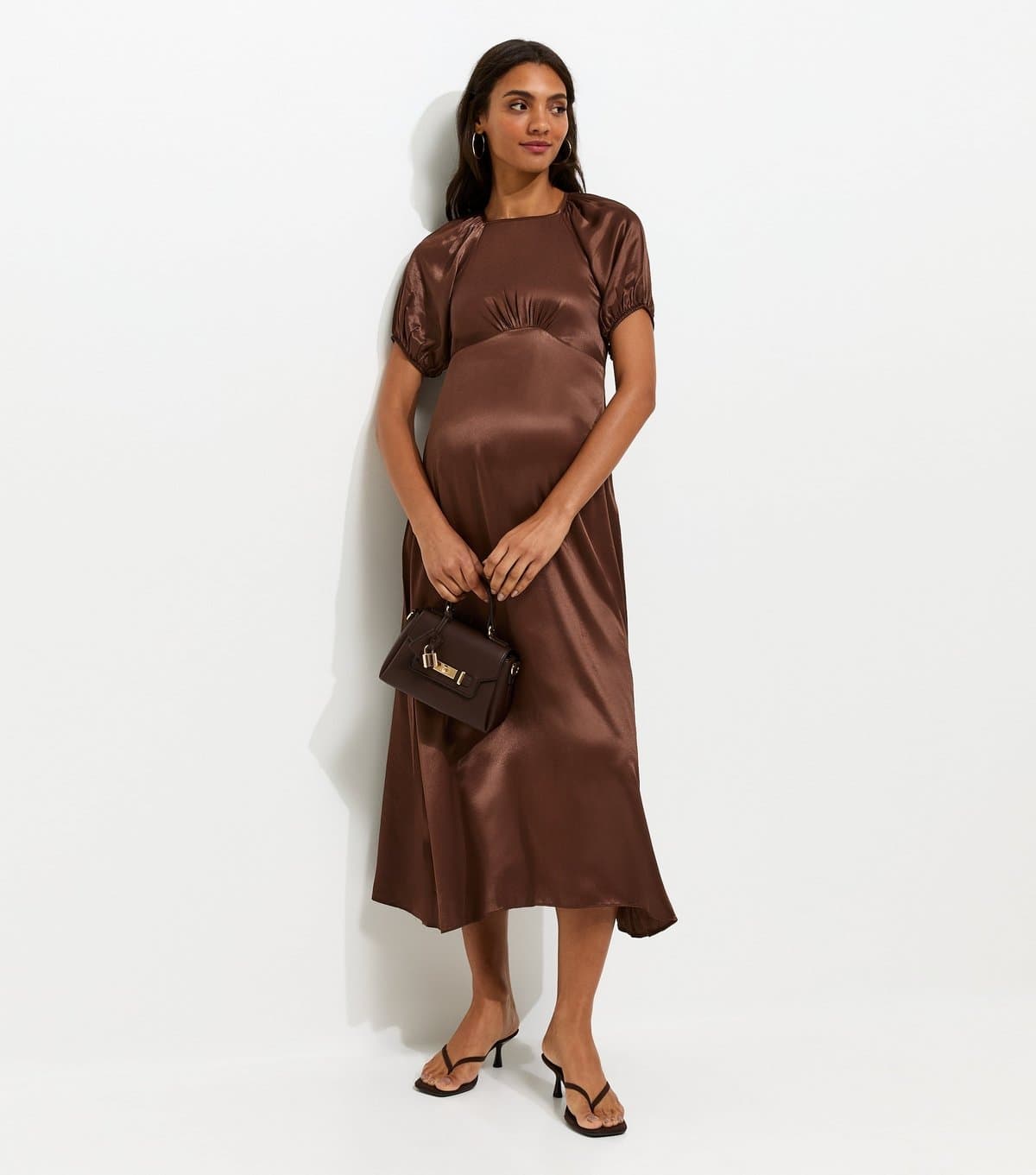 New Look Women's Maternity Dark Brown Satin Puff Sleeve Midi Dress New Look