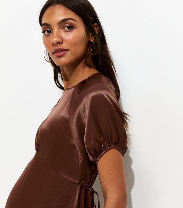 New Look Women's Maternity Dark Brown Satin Puff Sleeve Midi Dress New Look - 2