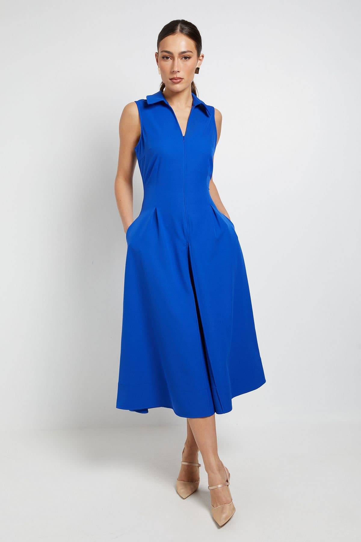 Principles Principles Women's Collared Sleeveless Zip Midi Dress in Blue