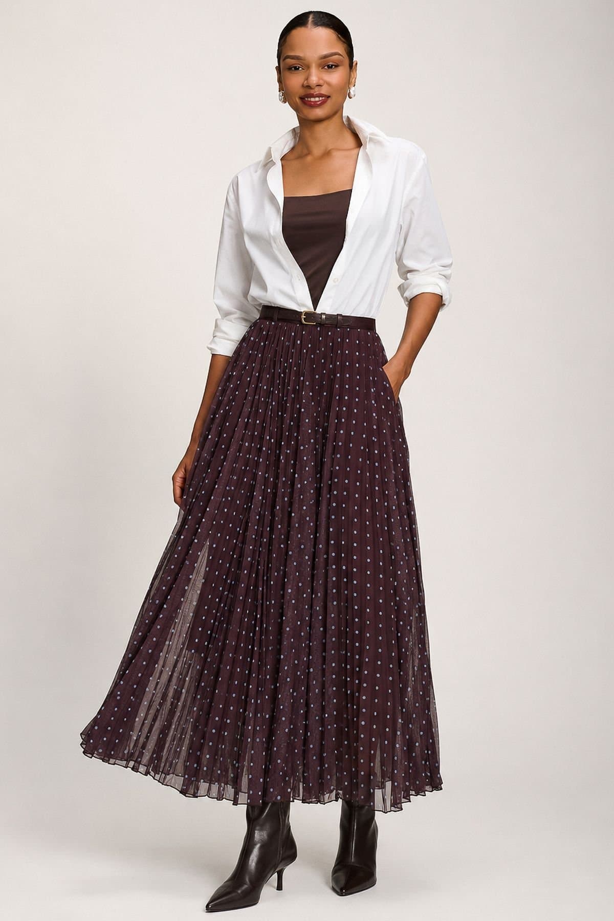 Jolie Moi Jolie Moi Women's Spotty Crinkle Mesh Maxi Skirt in Dark Brown