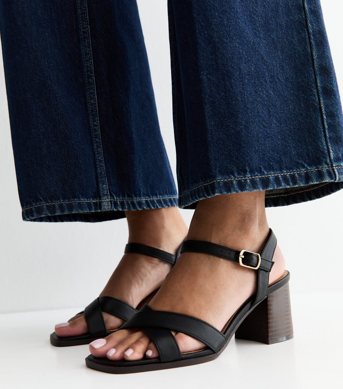 New Look Women's Black Faux Leather Block Heel Sandals Vegan New Look