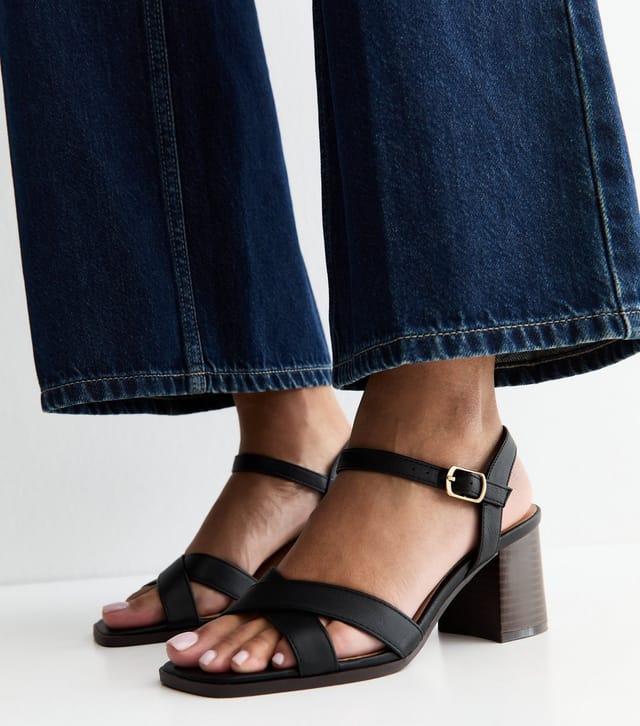 New Look Women's Black Faux Leather Block Heel Sandals Vegan New Look - 2