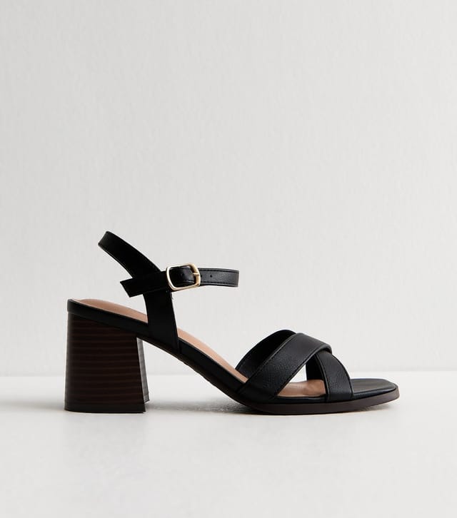 New Look Women's Black Faux Leather Block Heel Sandals Vegan New Look - 3