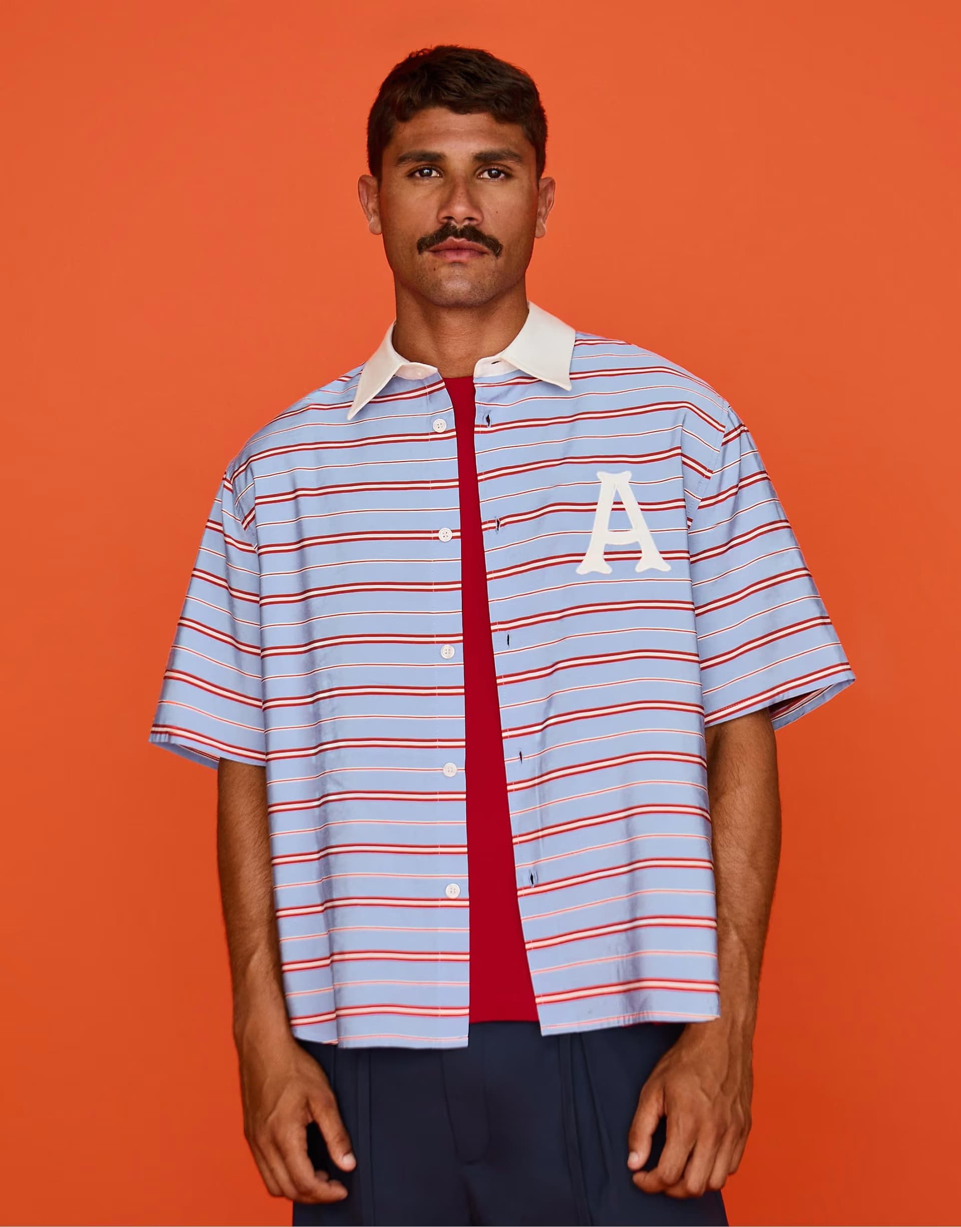 ASOS Bershka Embroidered boxy short sleeve shirt in light blue