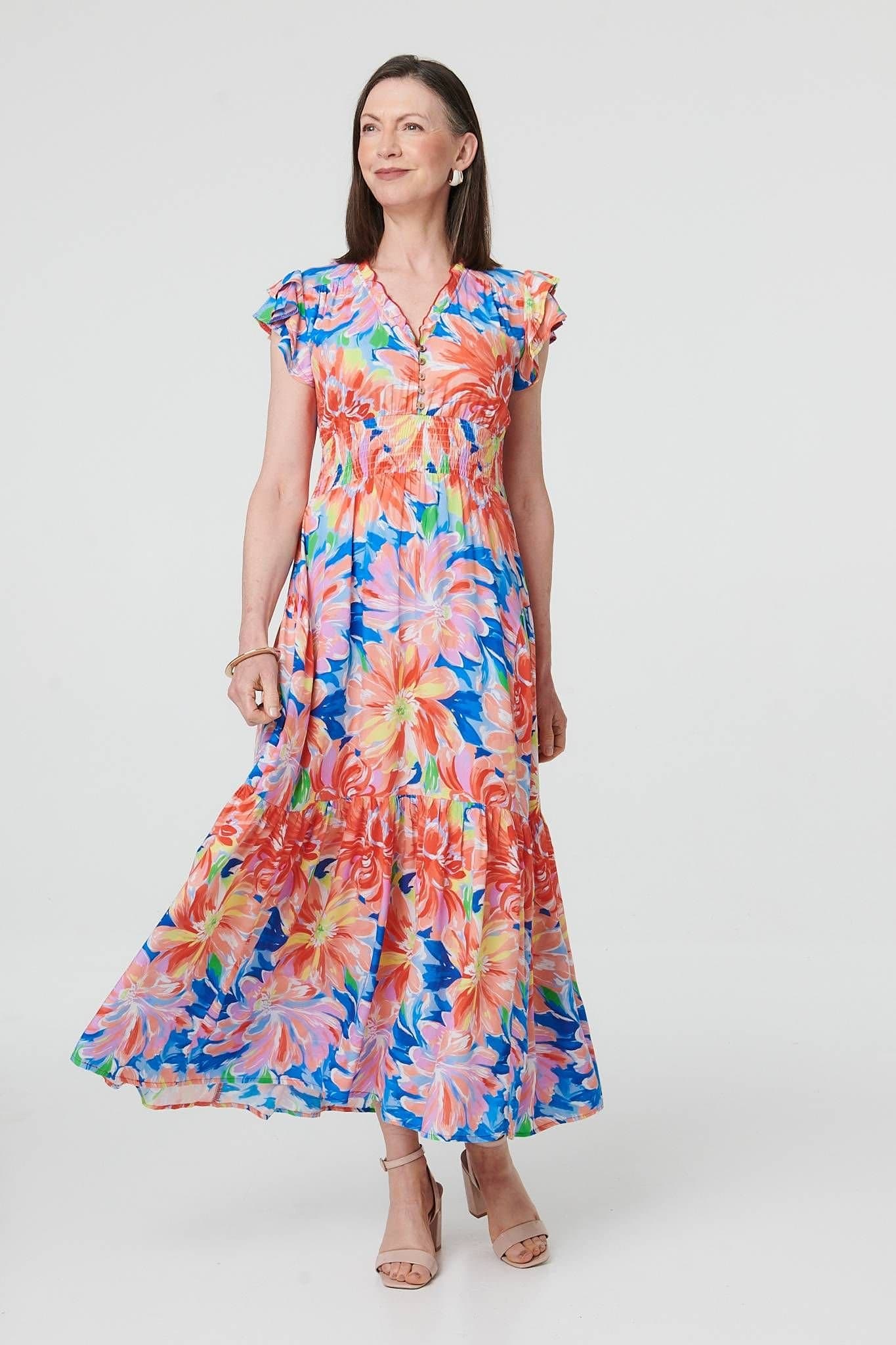 Izabel London Izabel London Women's Floral Cap Sleeve Maxi Shirred Dress in Blue