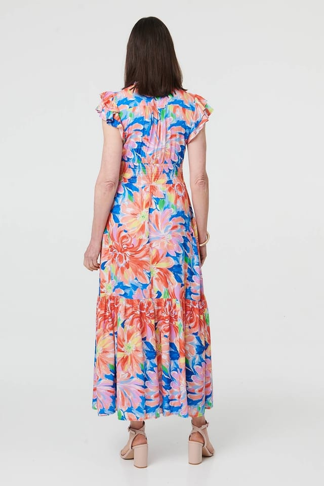 Izabel London Izabel London Women's Floral Cap Sleeve Maxi Shirred Dress in Blue - 3