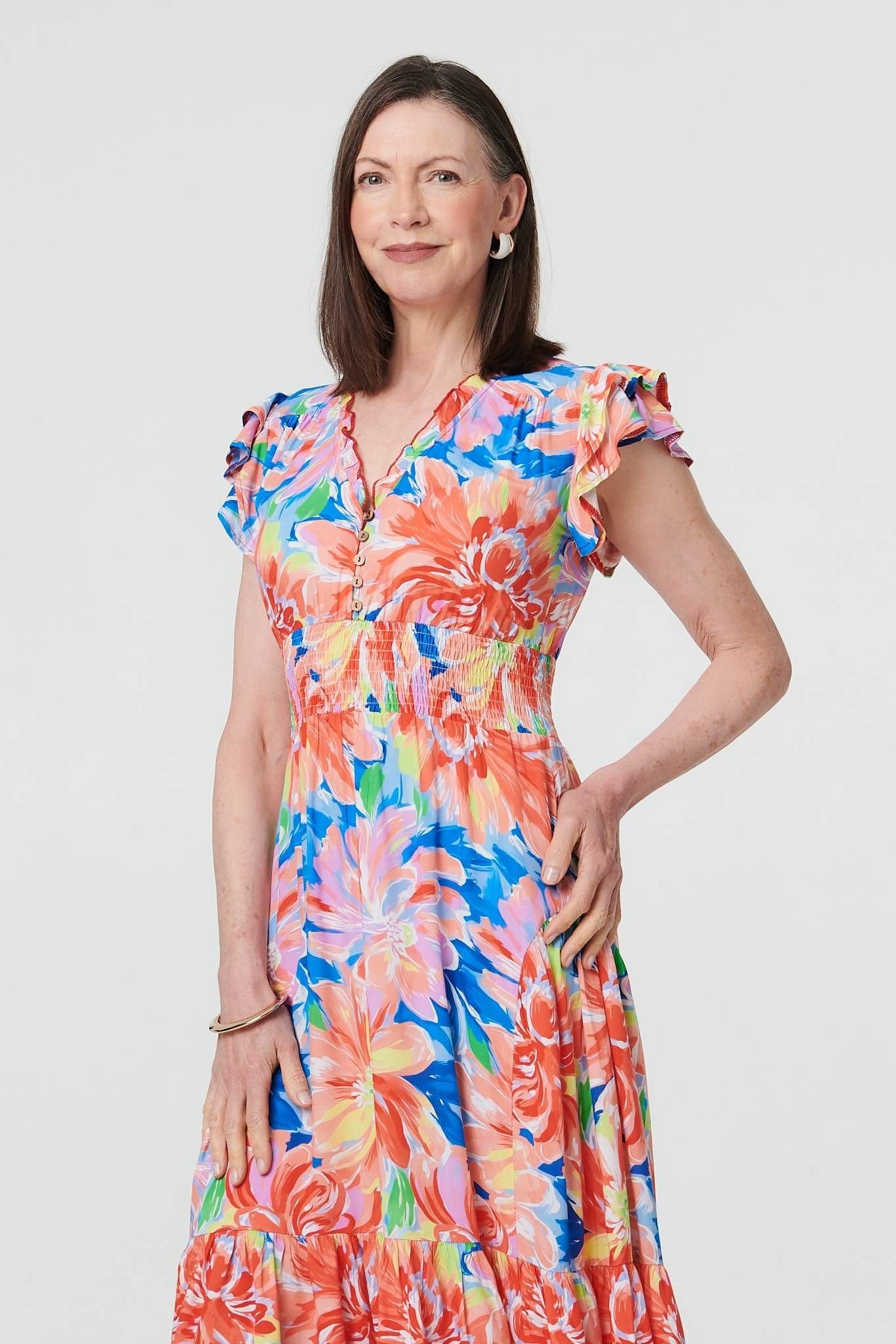 Izabel London Izabel London Women's Floral Cap Sleeve Maxi Shirred Dress in Blue - 4