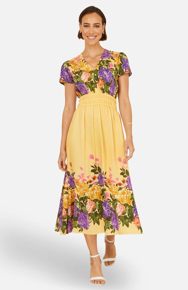 Yumi Yumi Women's Floral Mirror Print Viscose Midi Dress in Bright Yellow - 2