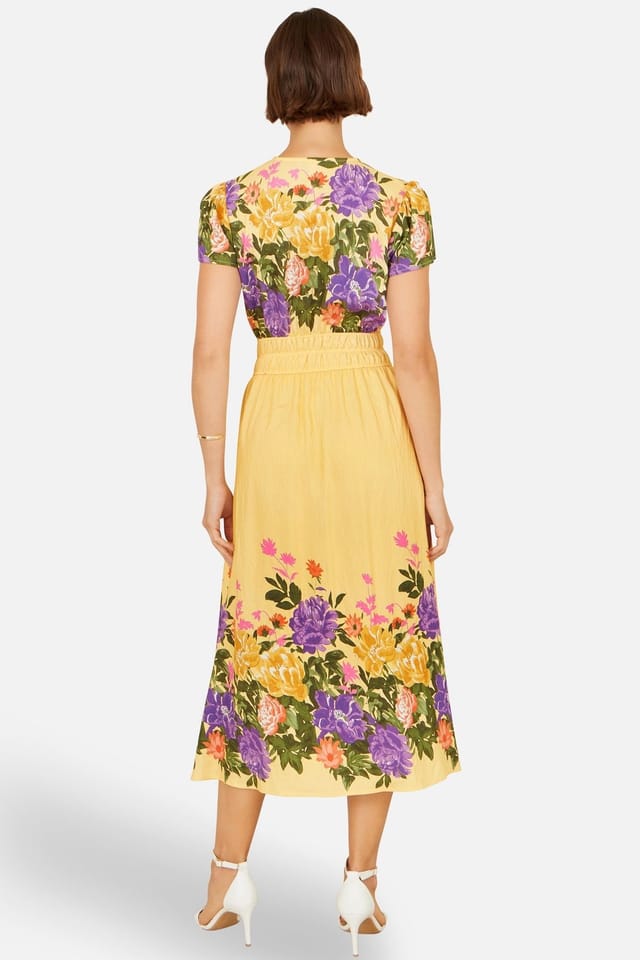 Yumi Yumi Women's Floral Mirror Print Viscose Midi Dress in Bright Yellow - 3
