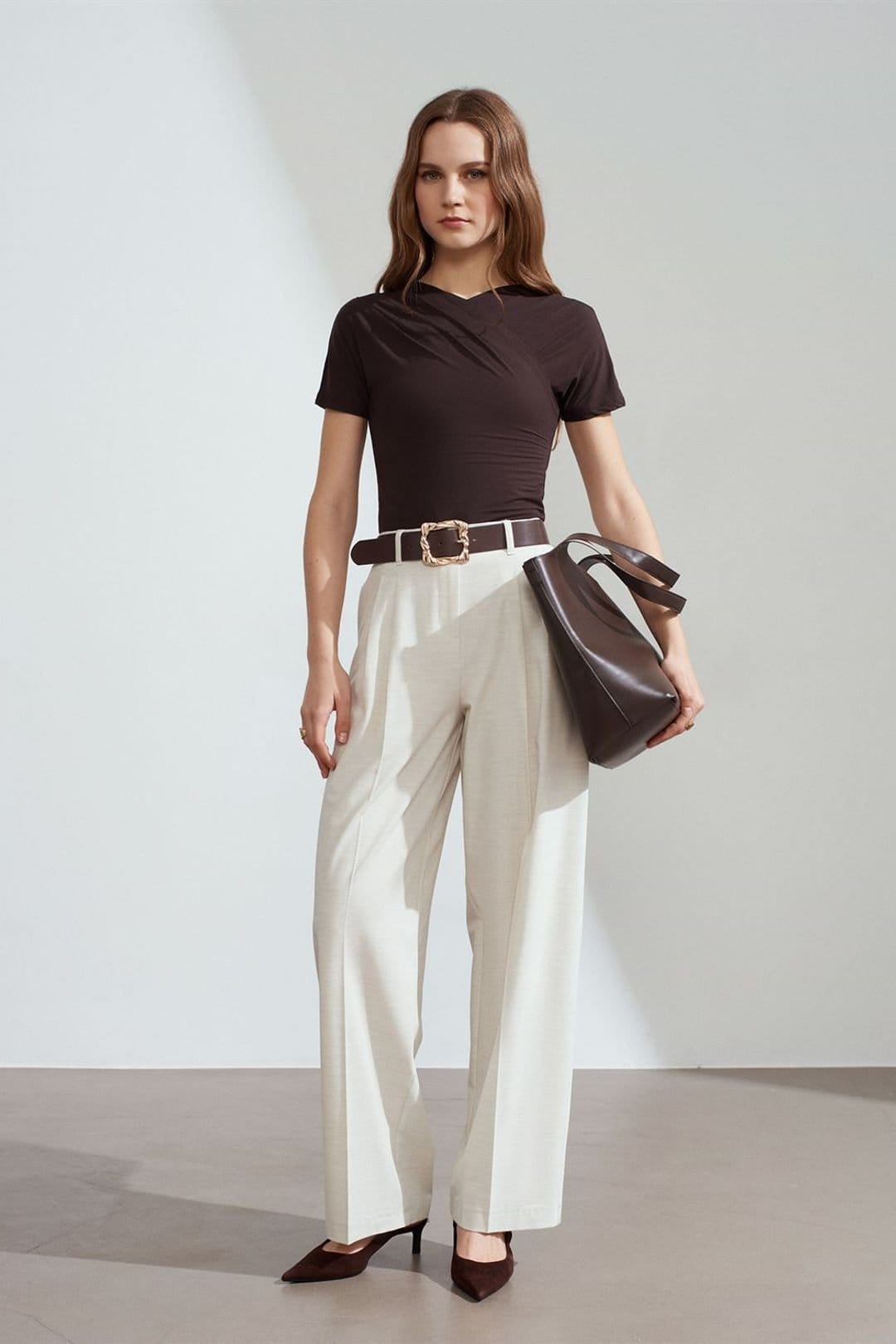 Dilvin Cream Belted Wide-Leg Palazzo Trousers
