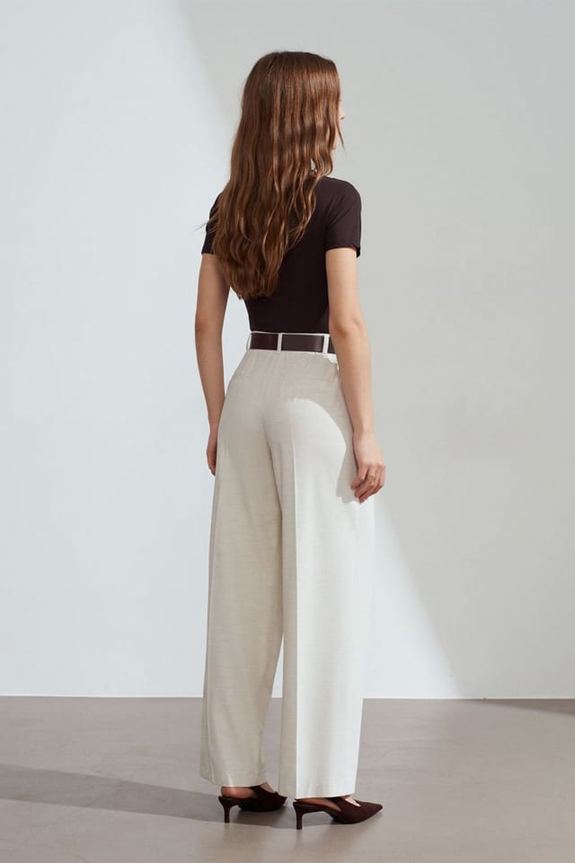 Dilvin Dilvin Women's Belted Wide-leg Palazzo Trousers in Cream - 2