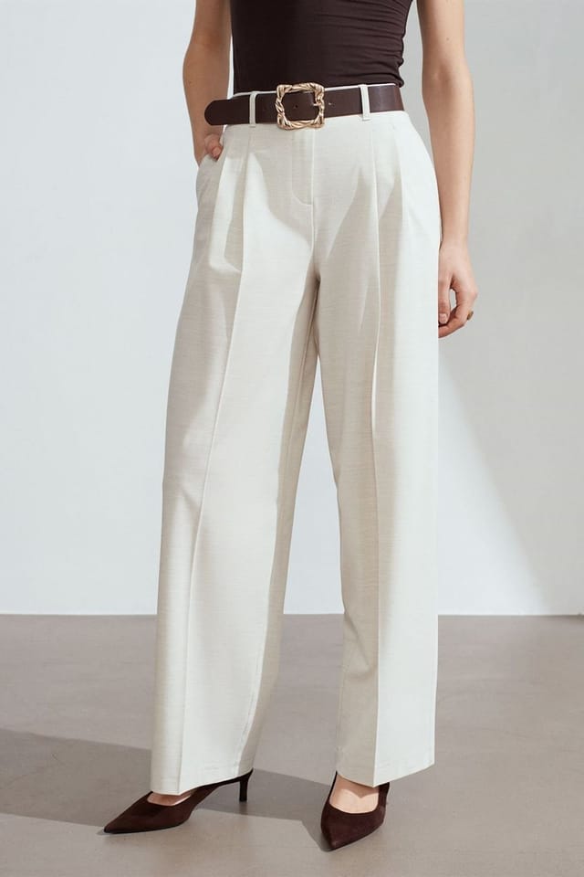 Dilvin Dilvin Women's Belted Wide-leg Palazzo Trousers in Cream - 3