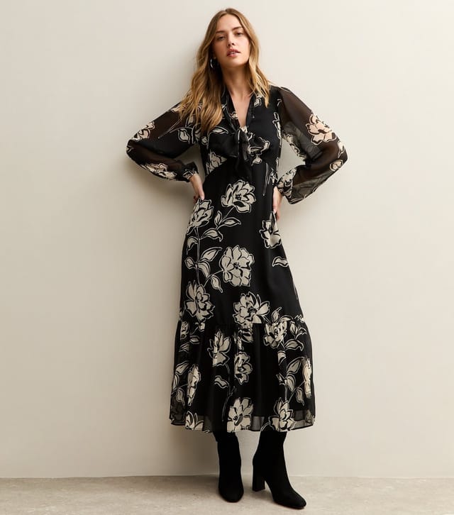 New Look Women's Black Frill Bow Neck Abstract Floral Chiffon Midi Dress New Look - 2