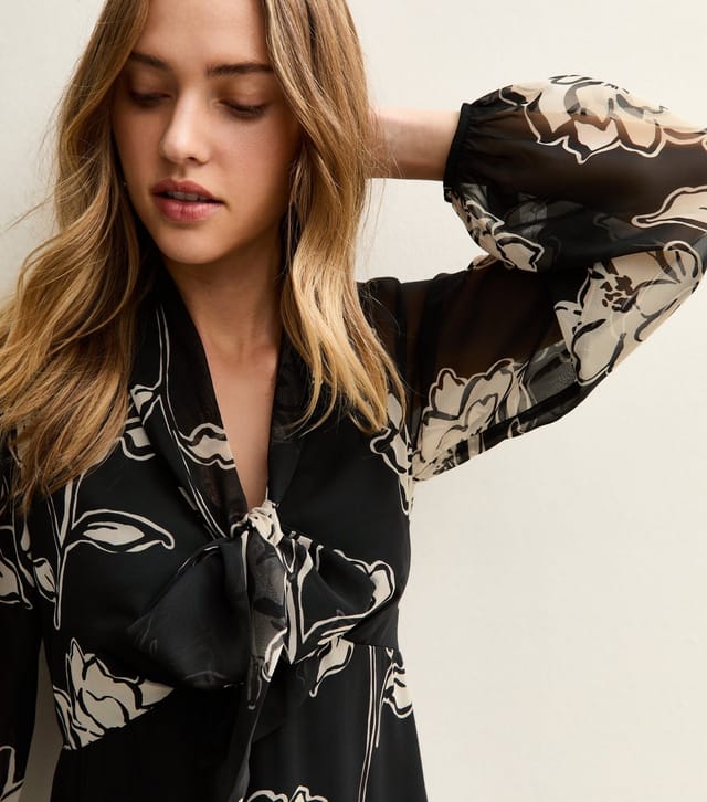 New Look Women's Black Frill Bow Neck Abstract Floral Chiffon Midi Dress New Look - 3