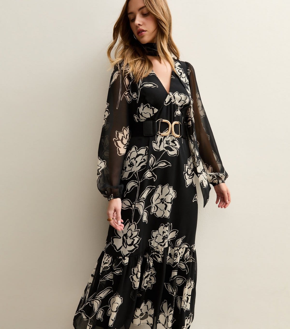 New Look Women's Black Frill Bow Neck Abstract Floral Chiffon Midi Dress New Look - 4