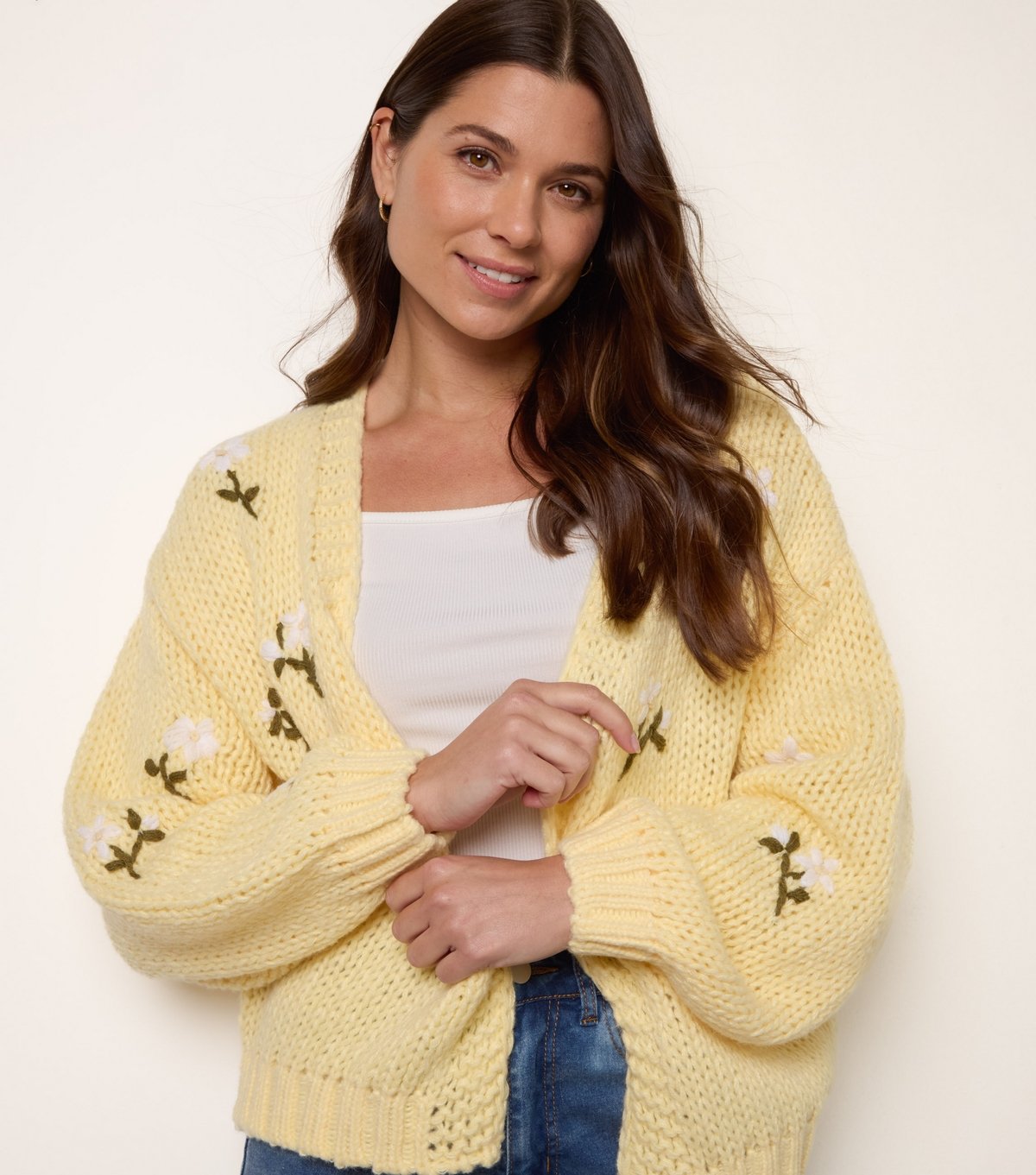 Blue Vanilla Women's Light Yellow Embroidered Daisy Cardigan Blue Vanilla New Look - 1
