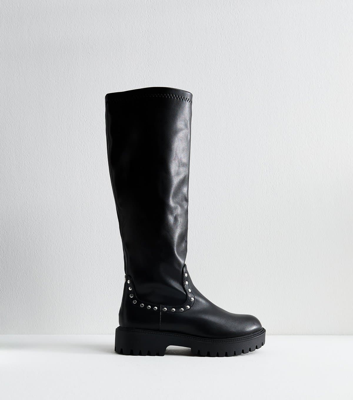 Public Desire Women's Black Bleu Studded Faux Leather Boots Public Desire New Look