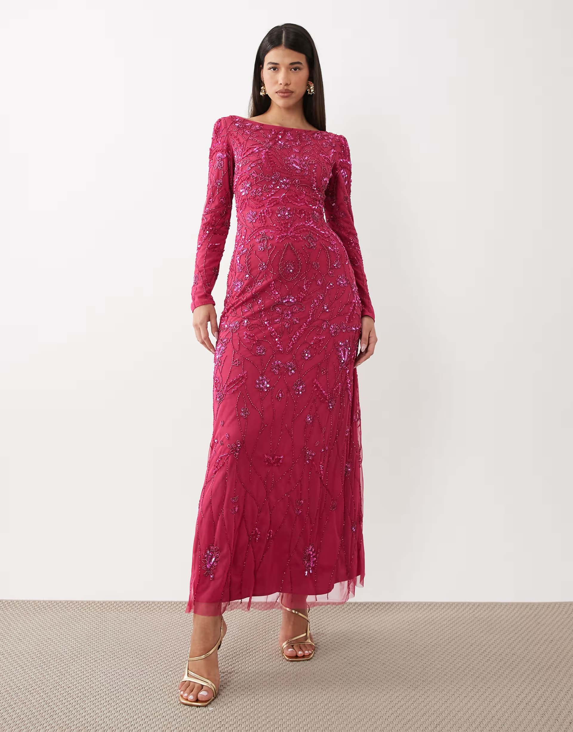 ASOS Beauut fully embellished beaded mesh overlay slash neck maxi dress in pink