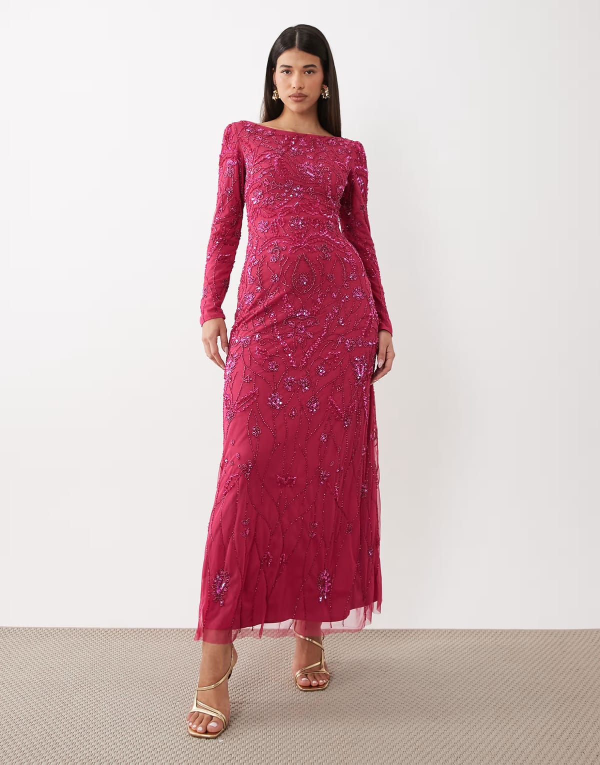 ASOS Beauut fully embellished beaded mesh overlay slash neck maxi dress in pink - 1