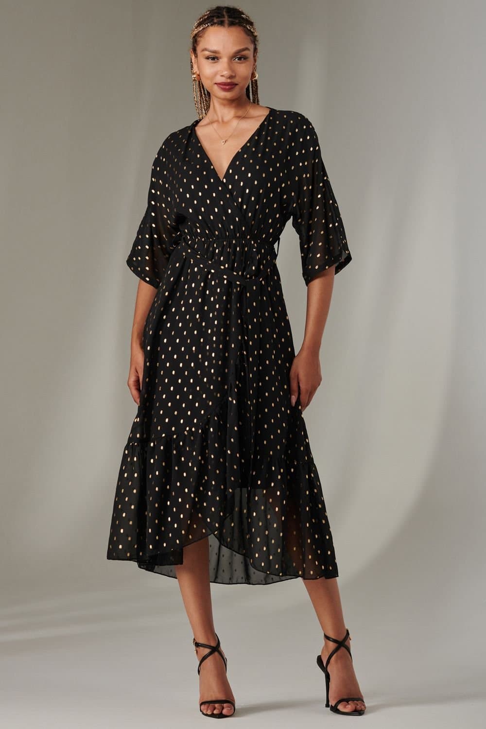 Jolie Moi Jolie Moi Women's Rita Ruffle Hem Chiffon Midi Dress in Metallic Gold