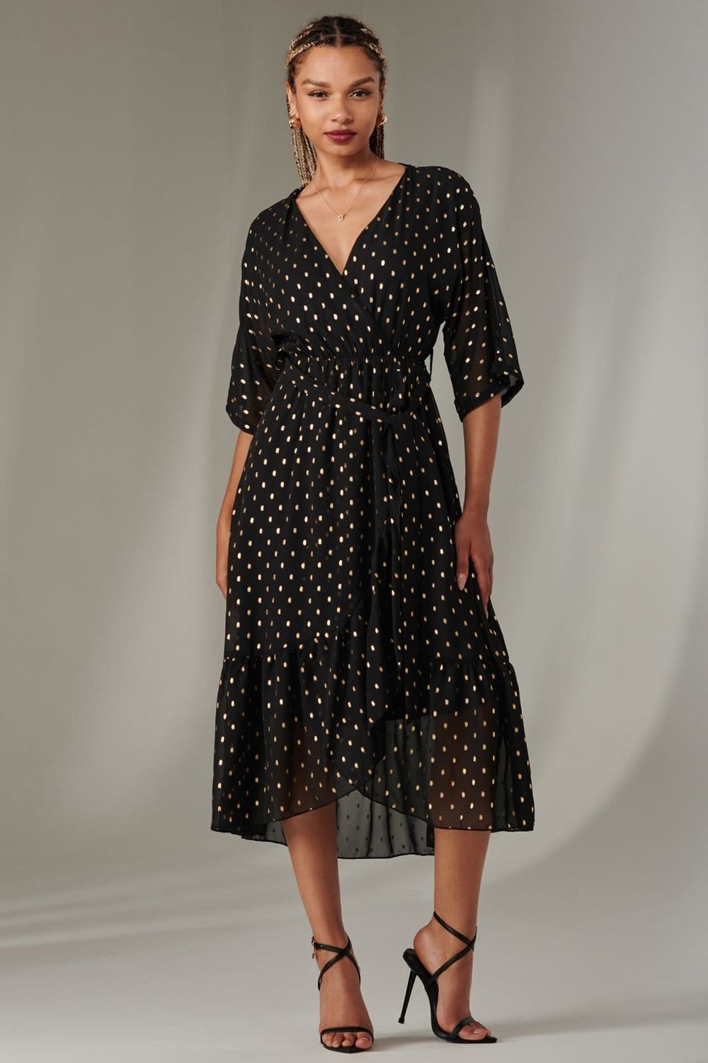 Jolie Moi Jolie Moi Women's Rita Ruffle Hem Chiffon Midi Dress in Metallic Gold - 4