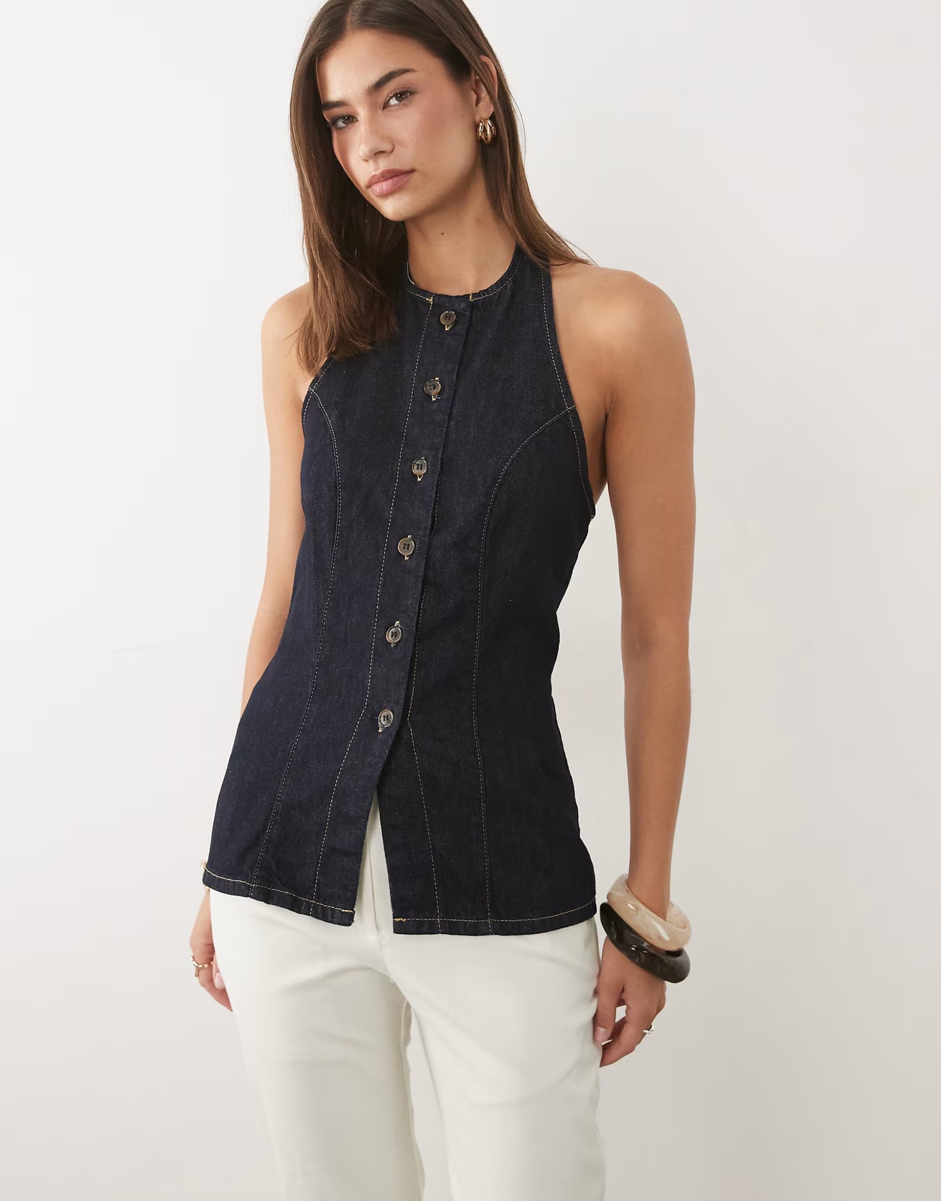 ASOS ASOS DESIGN halter denim top in midwash blue co-ord