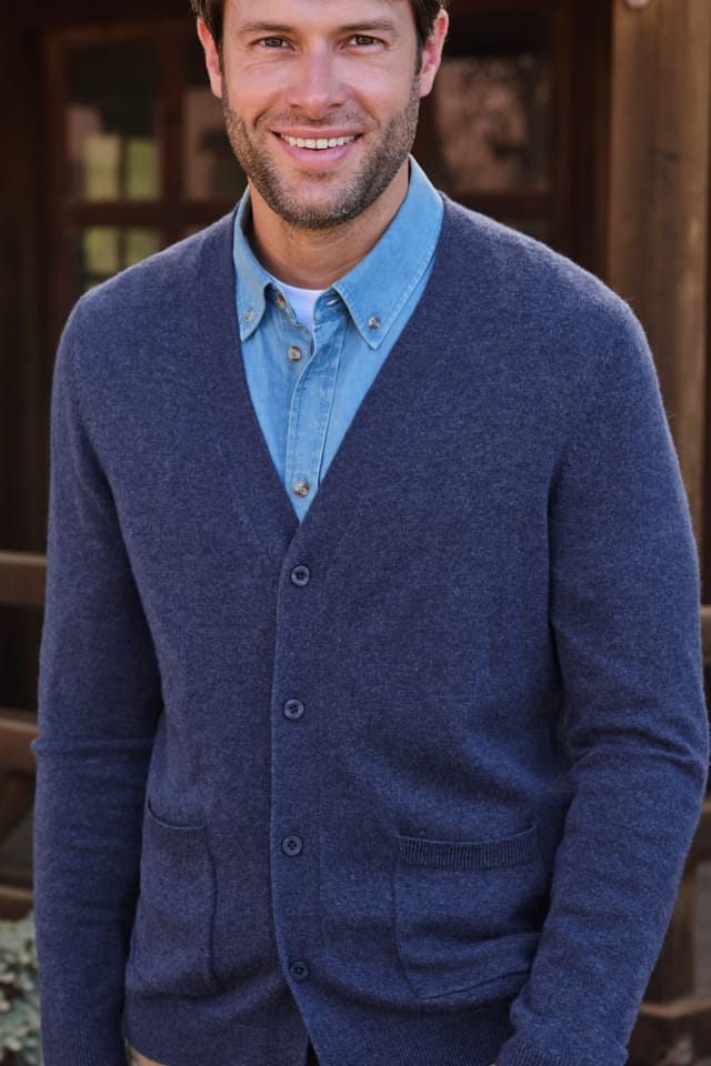 WoolOvers WoolOvers Men's Cashmere & Merino V Neck Cardigan in Dark Blue - 2