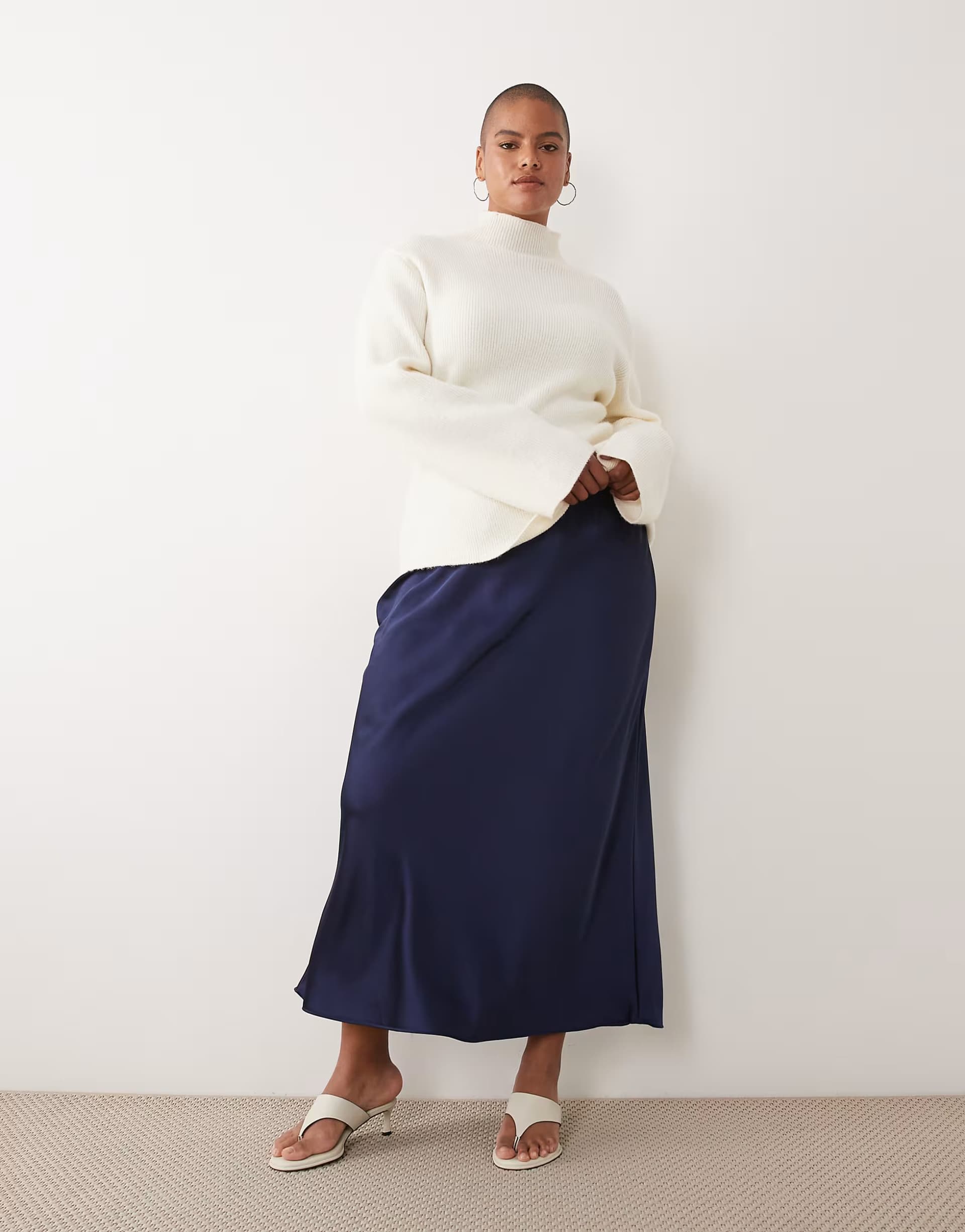 ASOS New Look Curve satin bias midi skirt in navy
