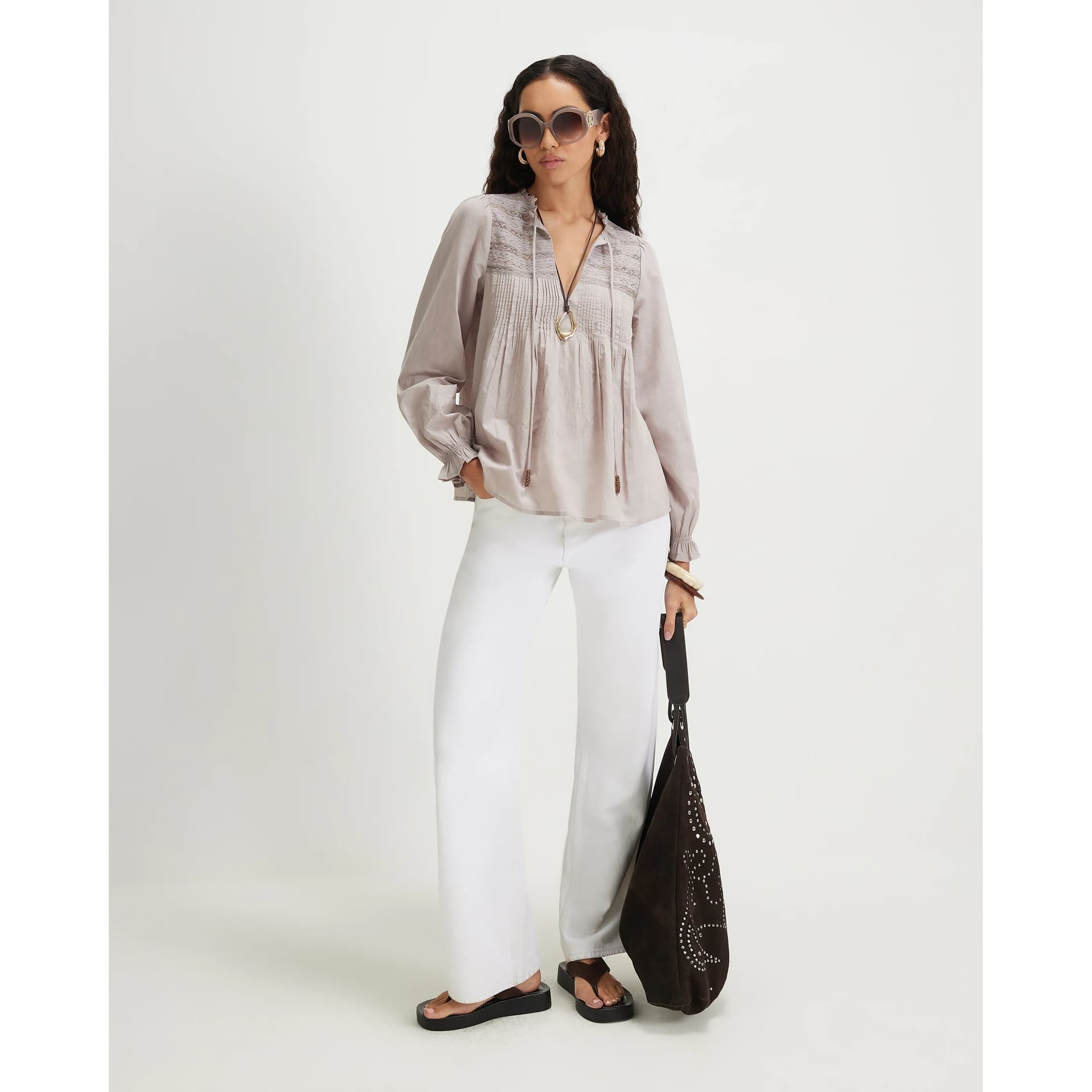 River Island River Island Womens Grey Long Sleeve Lace Yoke Blouse