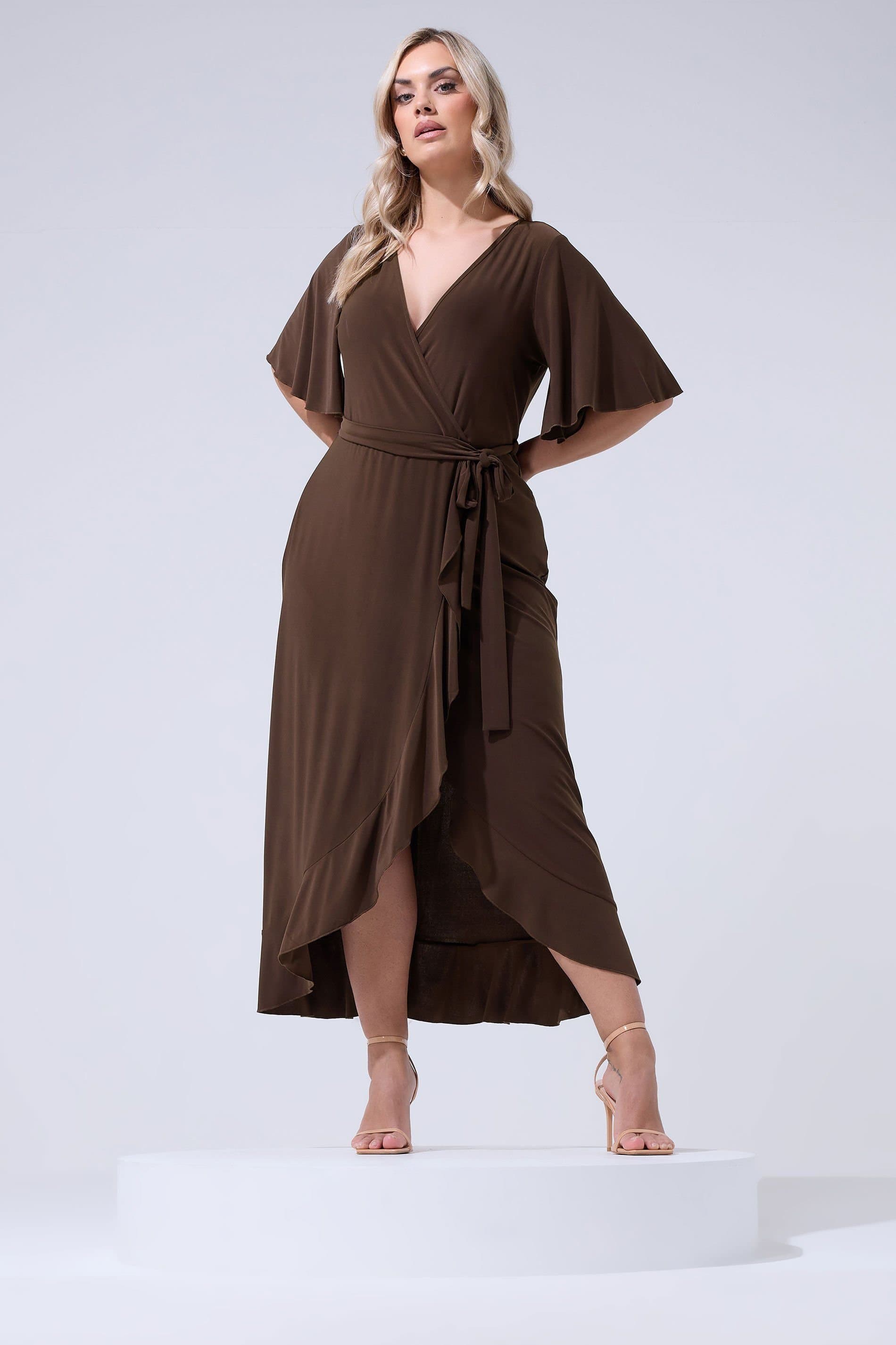 Yours Yours Women's Ruffle Hem Wrap Dress in Chocolate