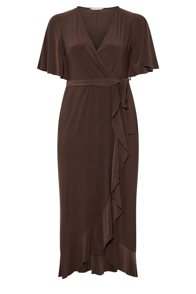Yours Yours Women's Ruffle Hem Wrap Dress in Chocolate - 2