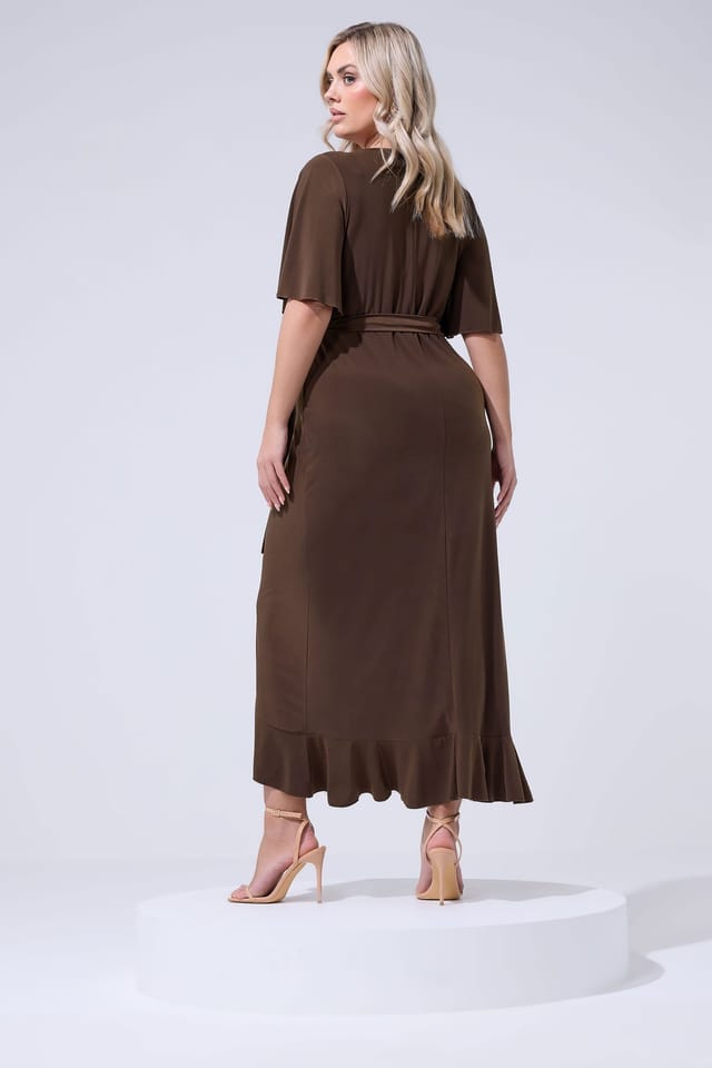 Yours Yours Women's Ruffle Hem Wrap Dress in Chocolate - 3
