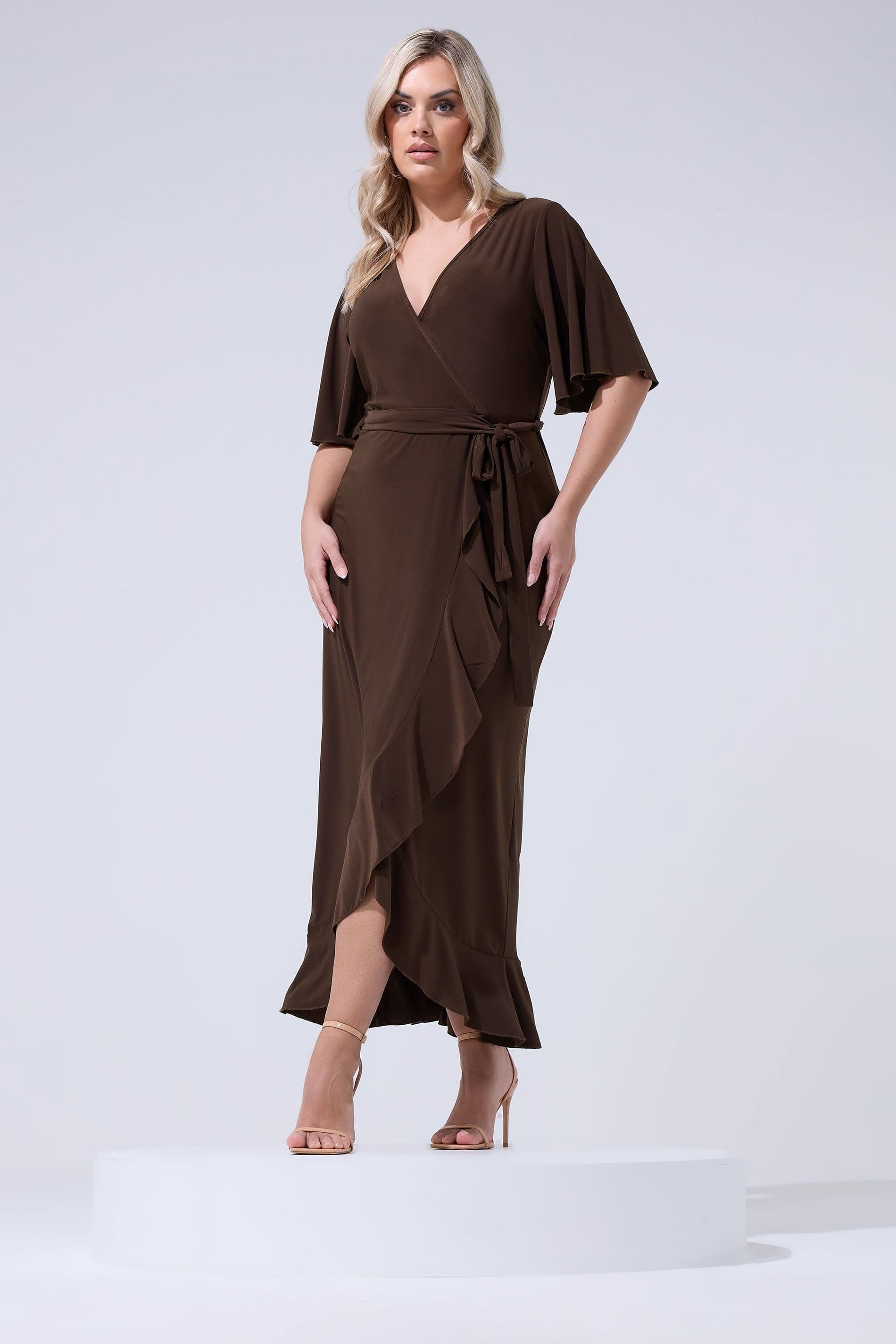 Yours Yours Women's Ruffle Hem Wrap Dress in Chocolate - 4