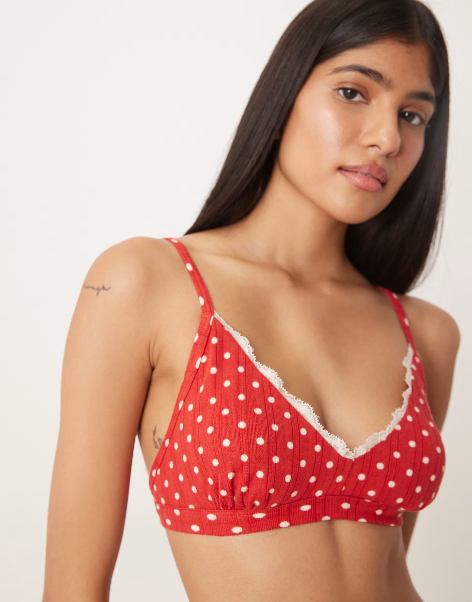 ASOS Abercrombie & Fitch pointelle bralette co-ord in red polka dot
