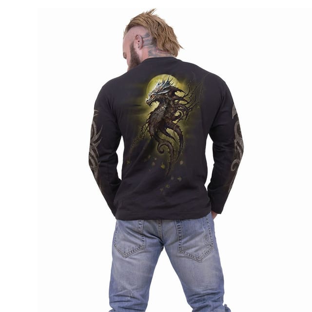 Spiral Direct Spiral Direct Men's Oak Dragon Back & Sleeve Print Long-Sleeved T-Shirt in Black - 3
