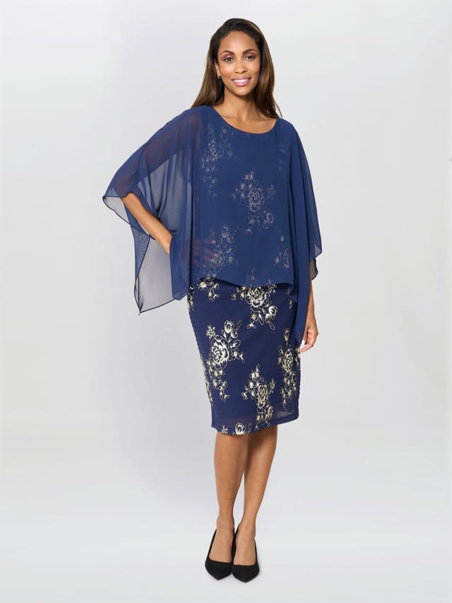 Gina Bacconi Gina Bacconi Women's Anne Foil Dress With Chiffon Cape in Navy - 3