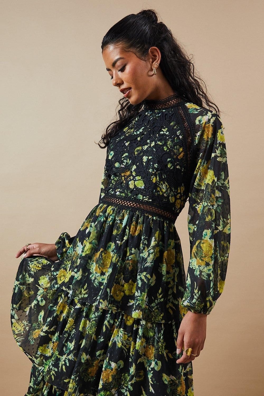 Oasis Oasis Women's Petite Occasion Floral Lace Trim Dobby Chiffon Tiered Midaxi Dress in Black - 4
