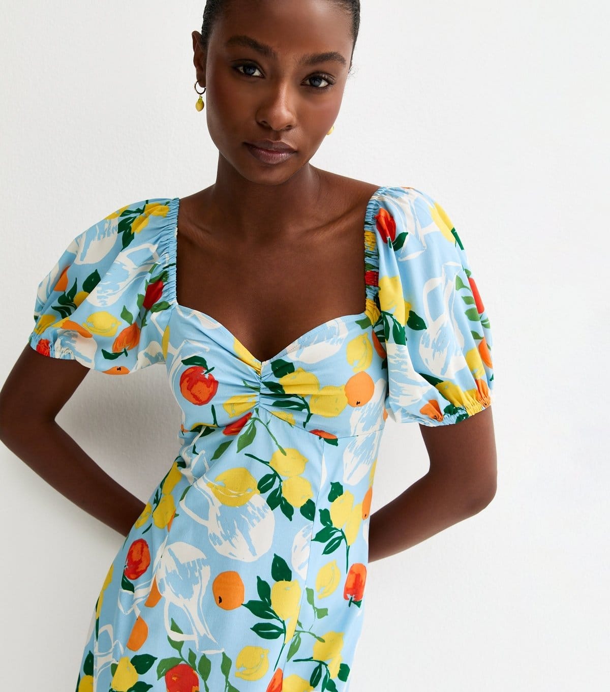 Women's Light Blue Crepe Fruit Print Midi Dress New Look