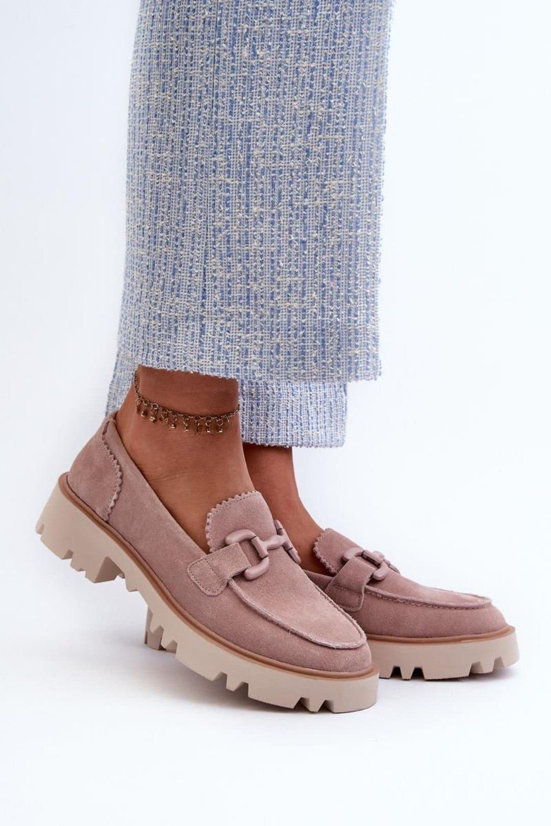 Love Lace Love Lace Women's Natural Suede Moccasins with Flat Heel & Front Charm Detail in Pink