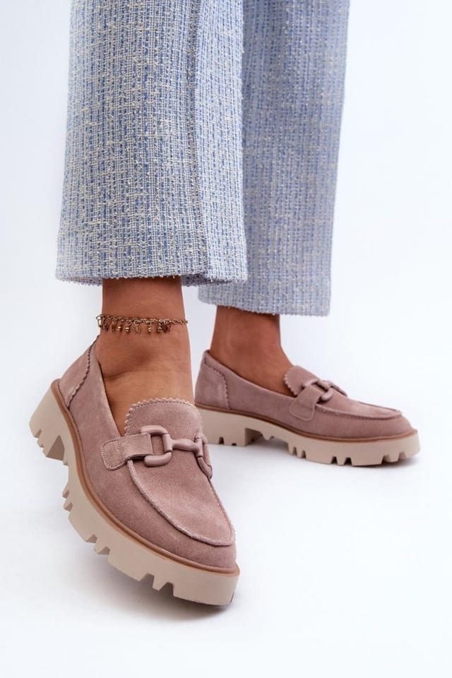 Love Lace Love Lace Women's Natural Suede Moccasins with Flat Heel & Front Charm Detail in Pink - 3