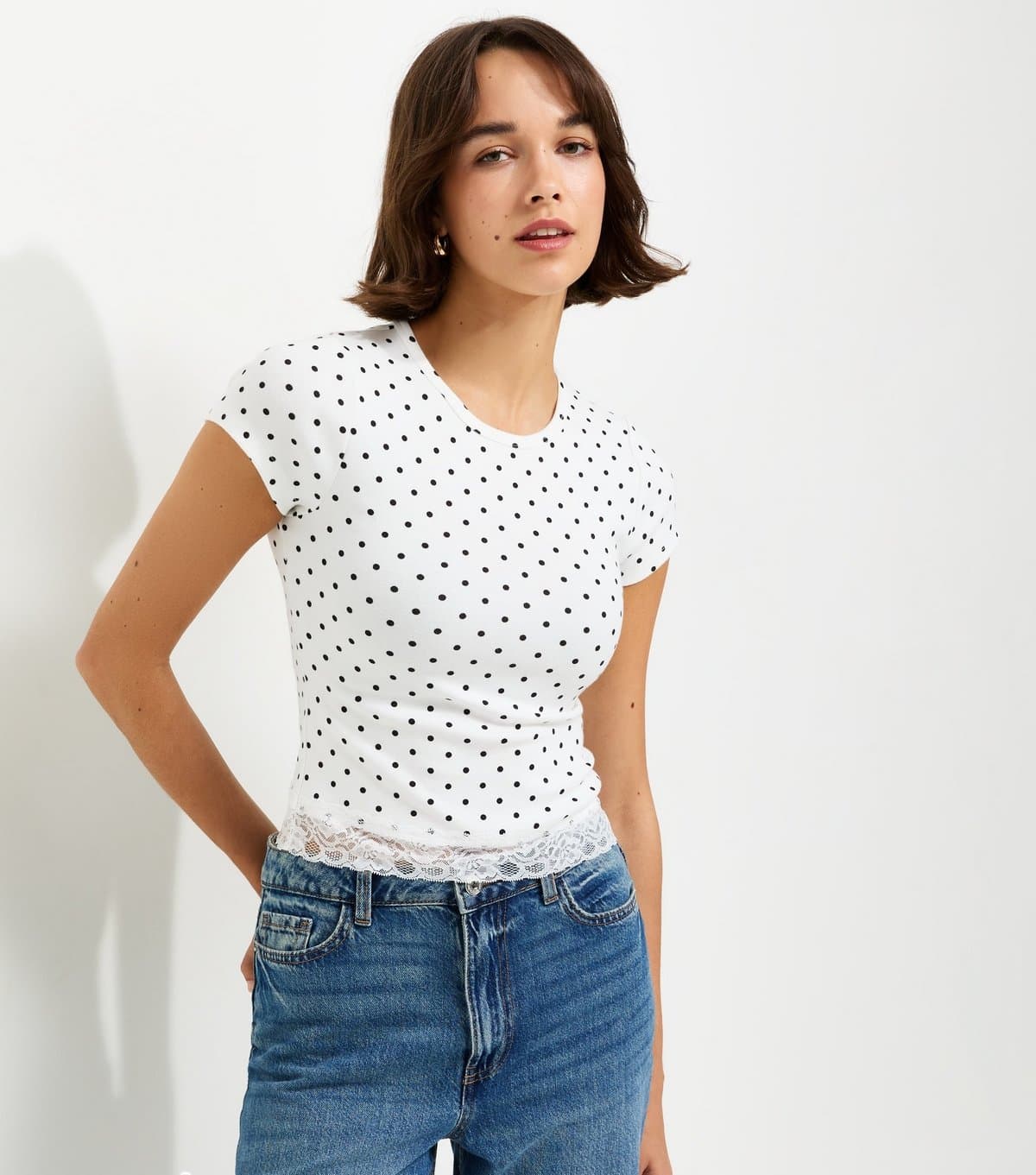 New Look New Look White Polka Dot Lace Hem Baby Tee