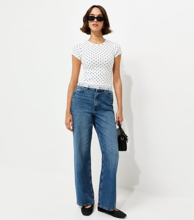 New Look Women's White Cotton Rich Polka Dot Lace Hem Baby Tee T-Shirt New Look - 3