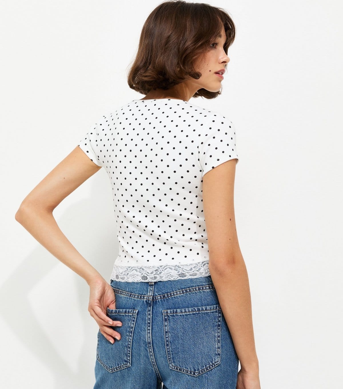 New Look Women's White Cotton Rich Polka Dot Lace Hem Baby Tee T-Shirt New Look - 4