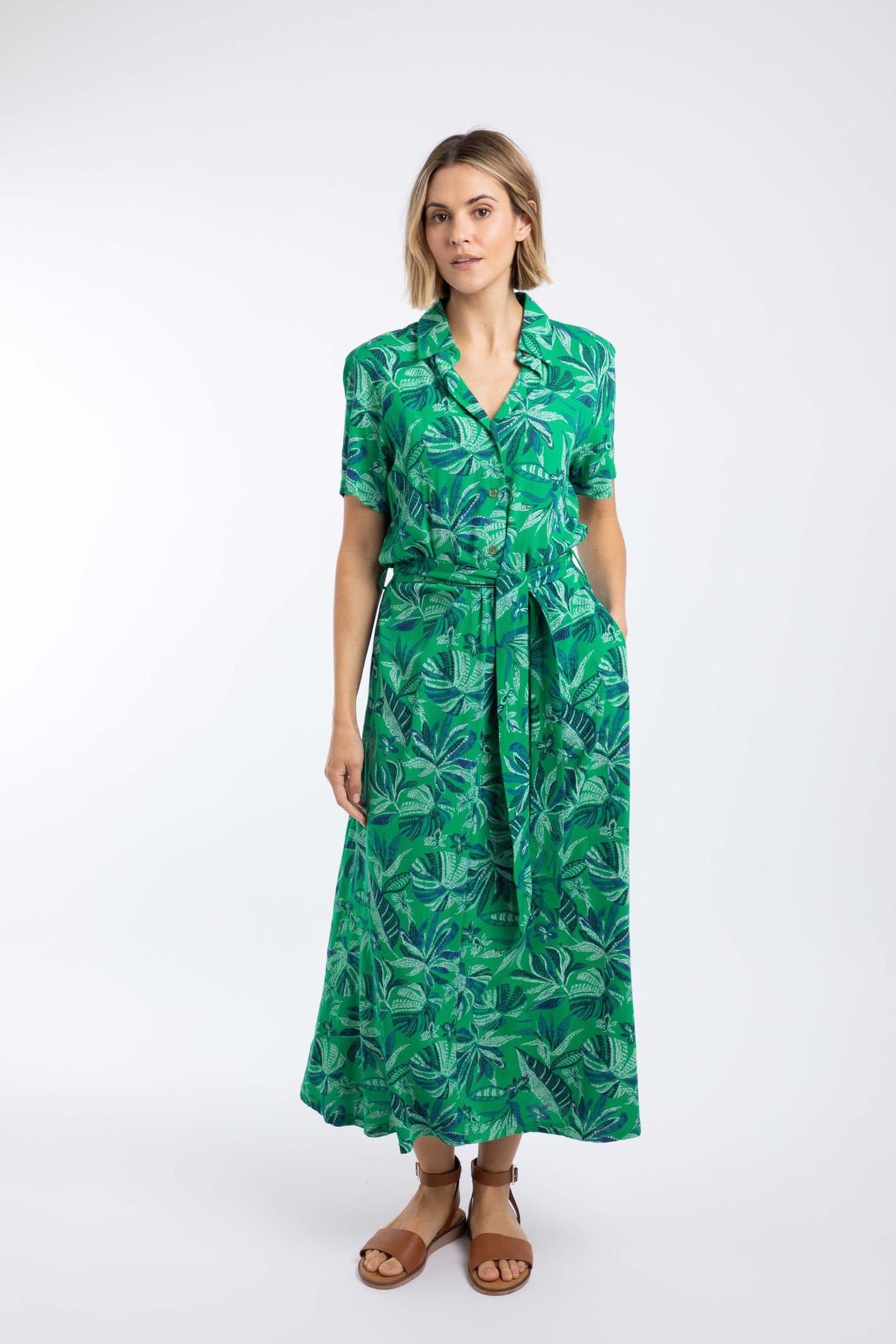 Weird Fish Weird Fish Women's Neem Printed Shirt Dress in Green
