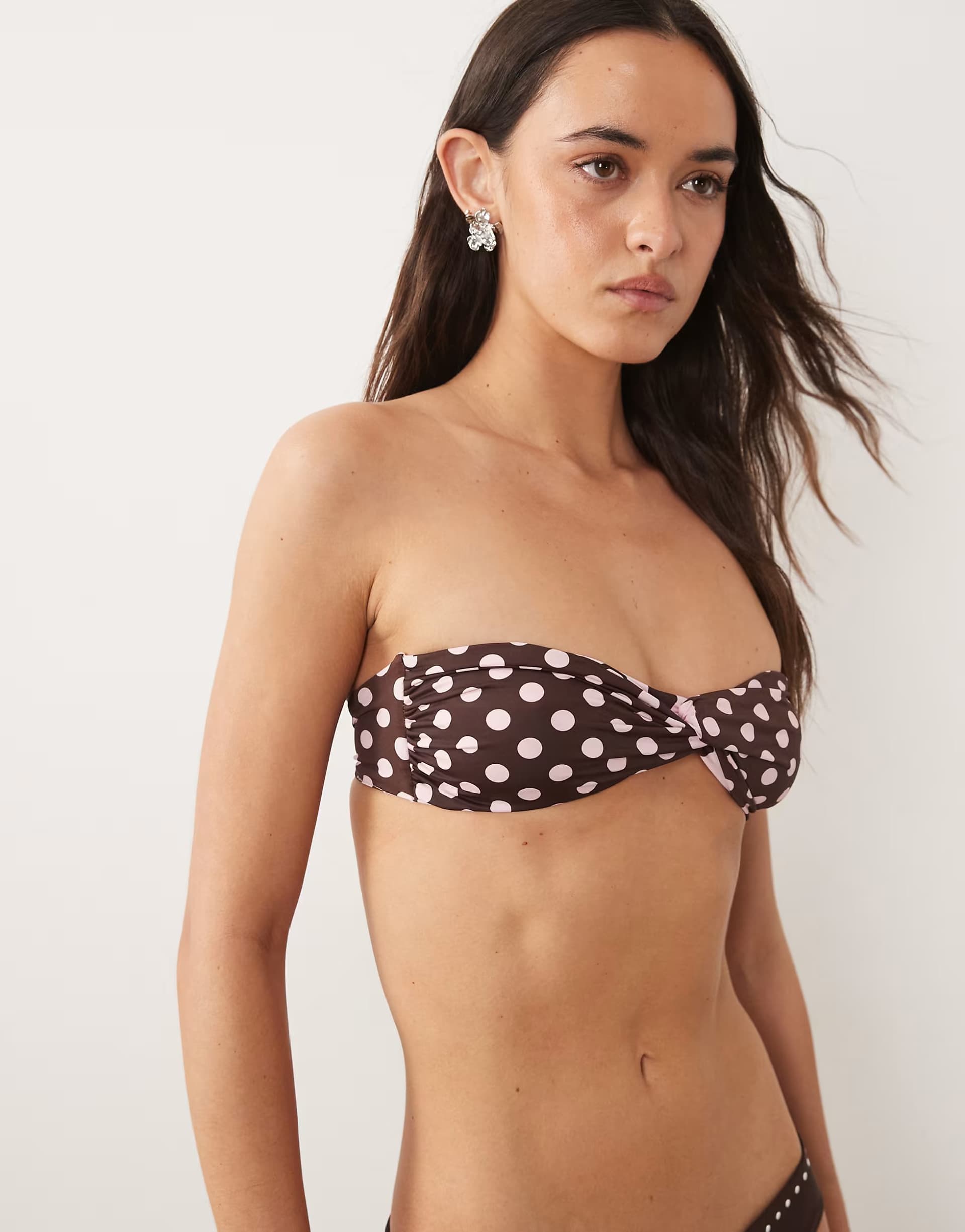 ASOS Mango ruched tie back polka dot bandau bikini top in brown