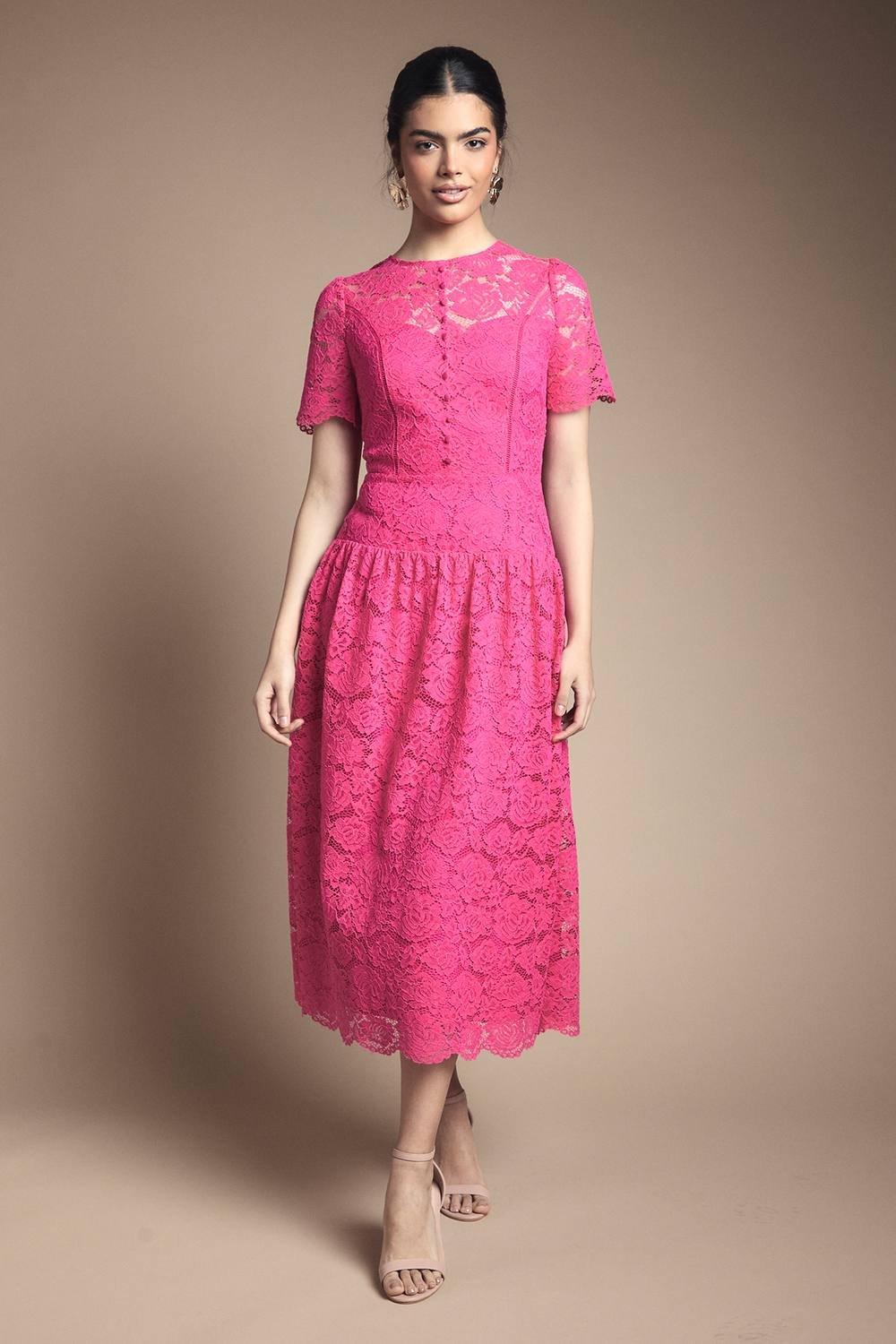 Wallis Wallis Women's Lace Button Detail Drop Hem Midi Dress in Pink - 2