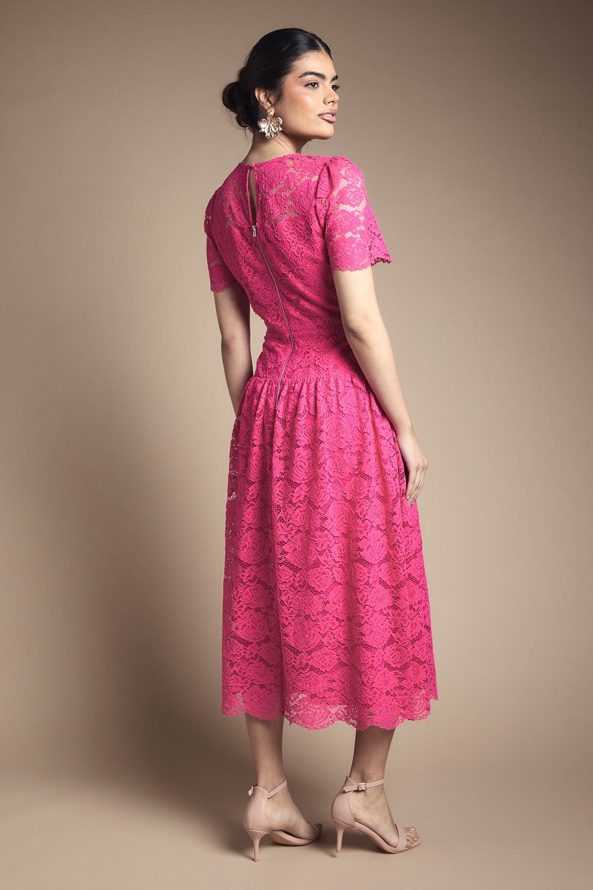 Wallis Wallis Women's Lace Button Detail Drop Hem Midi Dress in Pink - 3