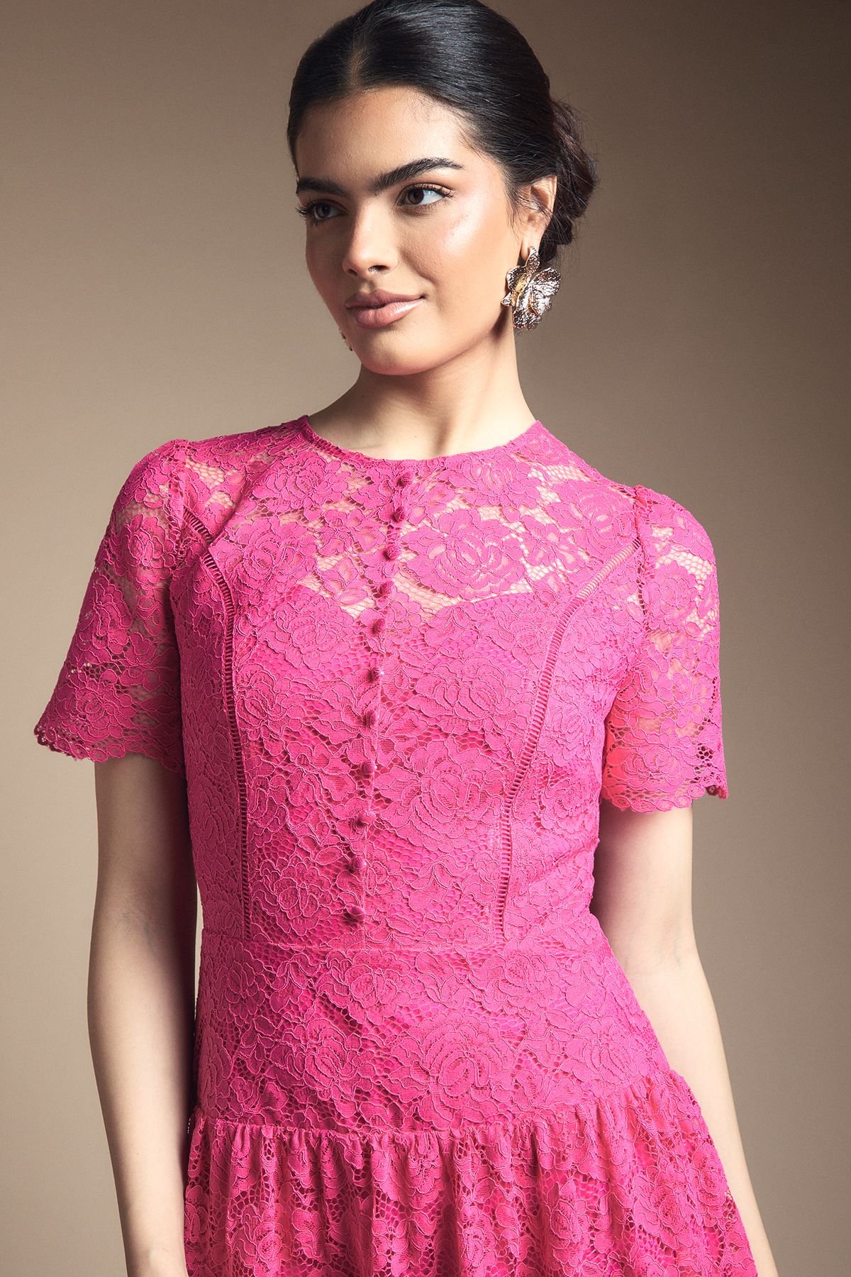 Wallis Wallis Women's Lace Button Detail Drop Hem Midi Dress in Pink - 4