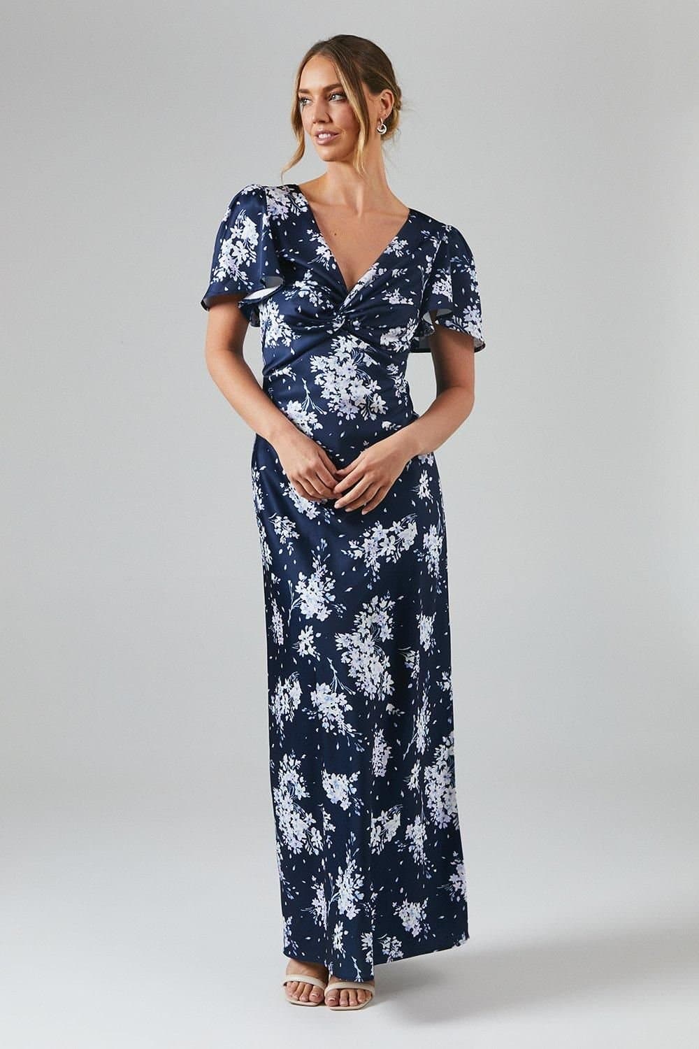 Oasis Oasis Women's Midnight Bloom Printed Satin Twist Front Angel Sleeve Maxi Bridesmaid Dress in Navy